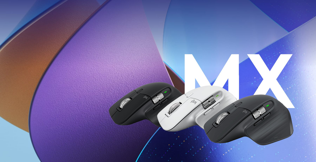 Three MX MASTER 3S mice with one in black, one in white and one in Graphite together against a background of blue and purple.